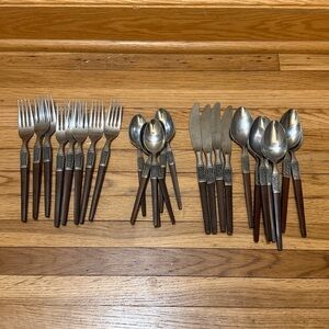EKCO Eterna La Joya Silverware Stainless 26 Piece Set Wood Handles Vtg Flatware